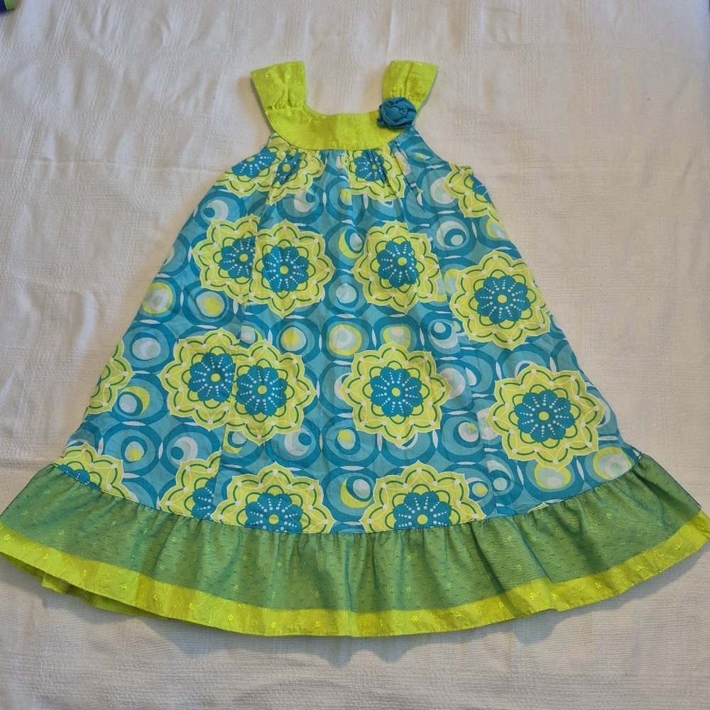Penelope Mack girls size 8 sleeveless dress blue, white, lime EUC